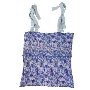 Anthropologie Purple Floral Smocked Tank Top Bow Tie Straps‎ Square Neck MEDIUM